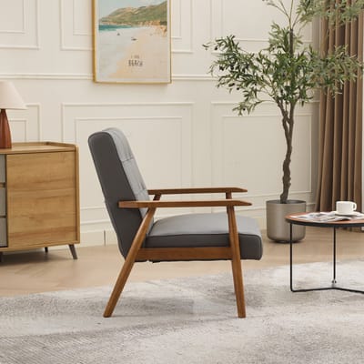 MODFU - Loungestoel - Ademend Runderleer En Massief Rubberhout - Scandinavisch - Voor Woonkamer - Grijs
