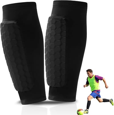 Zwarte Scheenbeschermers per Paar Maat L (tot 75kg), Honingraat Schokdempend Scheenpad van Elastische Ademende Stof, Sport Onderbeenbescherming voor Voetbal, Handbal en Buitensport voor Kinderen en Volwassenen