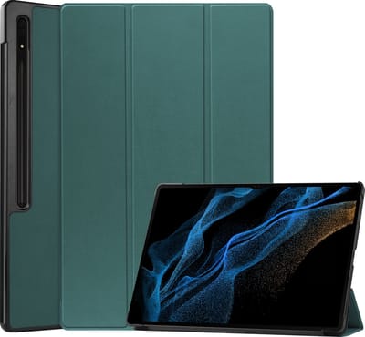 Hoes - Geschikt voor Samsung Galaxy Tab S9 Ultra - Dun & Stevig - Trifold Bookcase - Hard Cover Case - Met Uitsparing Geschikt voor S Pen - Hardcover Book - Tablet Hoesje - Donkergroen