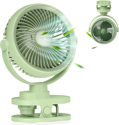 YAGXIG USB oplaadbare clipventilator - 1200mAh - 5 windsnelheden - 360° draaibaar - Omkeerbaar - Krasbestendig - Compacte clip - Geschikt voor kinderwagens/auto's/kantoren - Miniventilator - Ideaal zomercadeau (groen)