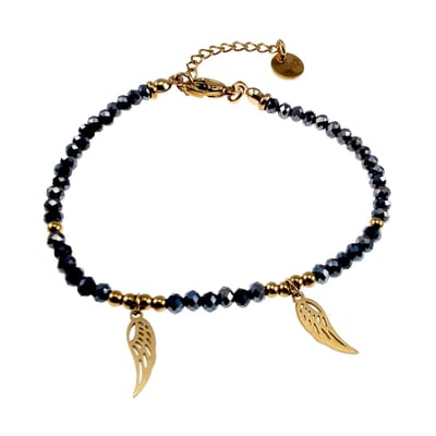 Armband Dames - Verguld RVS - Donkergrijsblauwe Gefacetteerde Kristallen Armband met Engelenvleugel – Verstelbaar 16cm tot 19cm