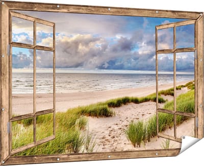 Gards Tuinposter Doorkijk Strand en Duinen met Bewolking - 180x120 cm - Tuindoek - Tuindecoratie - Wanddecoratie buiten - Tuinschilderij