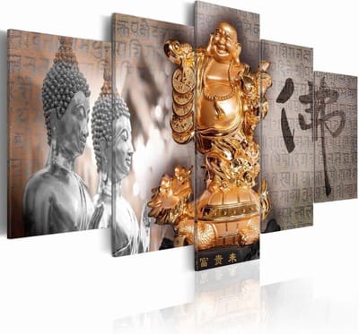 Schilderij - Boeddha - Lachend , Brons/ Zilver, 5luik , premium print op canvas