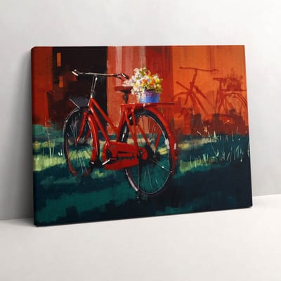 Wallfluent Foto Op Canvas Een fiets met een bloemstuk - 80 x 60 cm - Rood Schilderij Op Canvas - Voertuigen Foto Op Doek - Imitatie van een olieverfschilderij Schilderij Doek - Kunst Schilderij Canvas