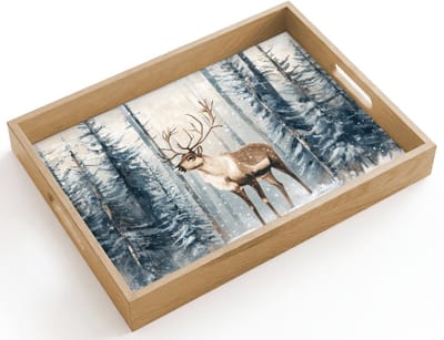 Dienblad hout 40x30 cm - Schootdienblad - Rendier - Sneeuw - Woud - Wit - Borrelplank rechthoek - Plateau dienbladen
