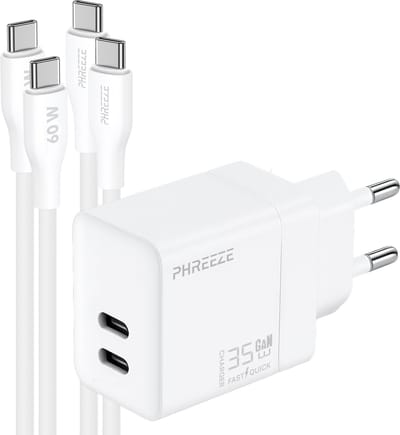 Phreeze usb C oplaadset 35w - GaN charger met 2x usb C naar usb C kabels 1m - Snellader voor telefoon en tablet