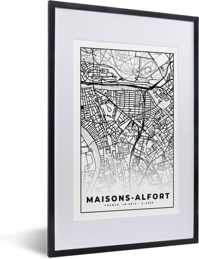 Fotolijst incl. Poster Zwart Wit- Stadskaart - Plattegrond - Maisons-Alfort - Kaart - Frankrijk - Zwart wit - 40x60 cm - Posterlijst