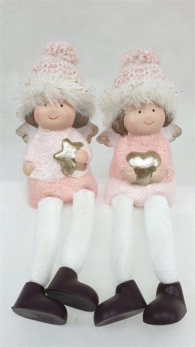 Mansion atmosphere - 2 engeltjes hart/ster met roze jas en hangende beentjes - 6.5x5x9.5 cm