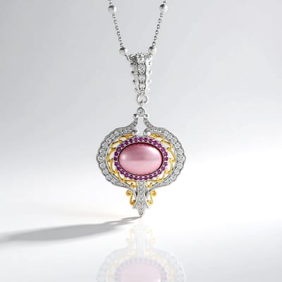 Cavill - Zilveren Verstelbare Halsketting met Roze Mabé Parel 14x10 mm - 925 Sterling Zilver - Pavé Zirkonen & Rhodolieten - Elegant & Luxe Sieraad