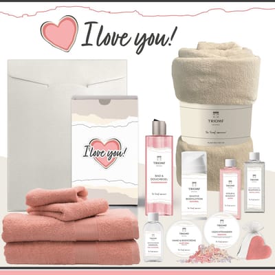 Geschenkset “I Love You!” - 13 producten - 2000 gram | Triomf Original - Giftset voor haar - Cadeau Valentijnsdag - Luxe wellness cadeaubox Vrouw - Ik hou van jou - Cadeaupakket - Geschenk Pakket Verjaardag - Gift Set Valentijn Vriendin - Roze Beige