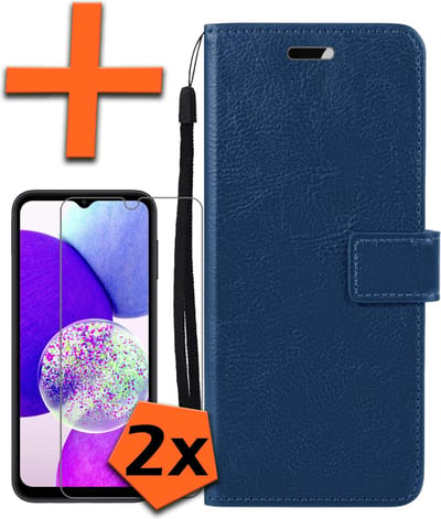 Hoes - Met 2x Screenprotector - Geschikt voor Samsung Galaxy A14 - Luxe Pasjeshouder - Bookcase Portemonee - Flip Case - Kunstleer Book Case - Flipcase Hoes - Book Cover - Walletcase - PortemonneeHoes - Donkerblauw