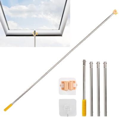 Dailygoods- Raamhandgreep 187 cm - Hoogwaardige Roestvrij Staal - 5-Delige Verlengstang - Antislip Silicone - Geschikt voor Dakramen - Duurzaam en Weerbestendig - Raamopener