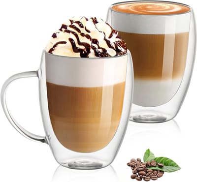 Dubbelwandige Glazen Mokken 2x350ml met Handvat, Isolerende Koffiemokken voor Thee, Latte en Cappuccino