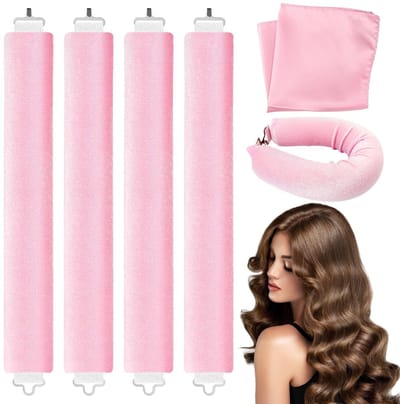 Dailygoods- Haarrollers zonder Hitte - 4 Stuks - Inclusief Hoofddoek - Geschikt voor Lang Haar - Roze - 29 cm Lengte - Krulspelden
