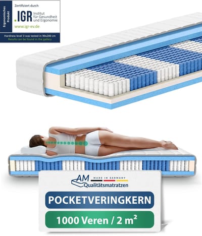 AM Qualitätsmatratzen - 1000 veren 7-zone pocketveringmatras 80x200 cm (H3) - Ergonomisch matras 80 x 200 met 1.000 veren - 24 cm Premium hoogte - Afneembare TENCEL Lyocell tijk - Made in Germany