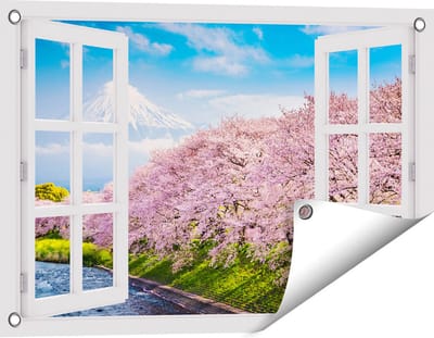 Gards Tuinposter Doorkijk Roze Bloesembomen bij de Fuji Berg - 60x40 cm - Tuindoek - Tuindecoratie - Wanddecoratie buiten - Tuinschilderij