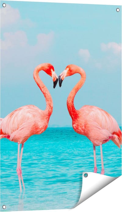 Gards Tuinposter Twee Flamingo's in een Hart Vorm in het Water - 60x90 cm - Tuindoek - Tuindecoratie - Wanddecoratie buiten - Tuinschilderij