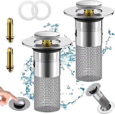 Afvoerfilter van roestvrijstaal voor gootsteen en badkamer, haarvanger met afneembare filtermand, set van 2 stuks voor optimale afvoer en verstoppingspreventie
