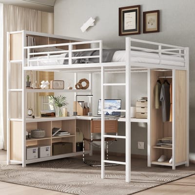 Hoogslaper - 140x200 cm - Met Kledingkast - Bureau en Opbergruimte - Metaal - Wit en Natuur