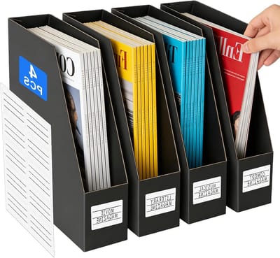 Set van 4 A4 Tijdschriftenhouders van Zwart Kraftpapier met Labels voor Documenten en Officiële Bestanden, Ideaal voor Bureauorganisatie en Archivering
