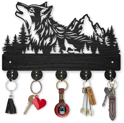 Dailygoods- Sleutelhaak Wandmontage - Houten Bos Wolf - 5 Haken - 30 x 20 cm - Eenvoudige Installatie - Decoratieve Kunst - Kapstok