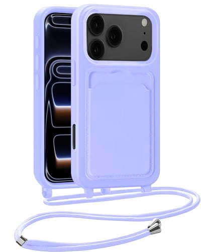 Hoesje Geschikt voor iPhone 17 Pro Max / 18 Pro Max Hoesje Met Telefoonkoord en Pasjeshouder Siliconen - Hoes Geschikt voor iPhone 17 Pro Max / 18 Pro Max Hoesje Met Kaarthouder Case - Lila