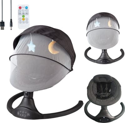 Bebies First Elektrische Wipstoel/ Schommelstoel Met Bluetoothfunctie Relax Met Kap & Speelboog - Zwart