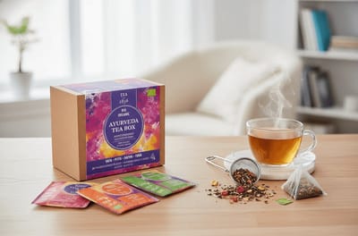 Ayurveda Tea Box – 4 biologische Ayurvedische theesoorten (Vata, Pitta, Kapha & Yoga Tea) – kruiden giftset – balans & ontspanning – 28 piramidetheezakjes