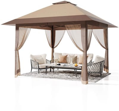 Partytent met Muggennet - 3.9x3.9m - Waterafstotend Pop-up Paviljoen met Zandzakken - UV-bescherming - Ventilatie - Voor Terras, Tuin, Camping en Grillen - Kaki