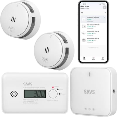 SAVS LinkSmart Slimme bundel - 2 S10-W Rookmelders, 1 C10-W Koolmonoxidemelder en G10 Base Station - Werkt via app - WiFi gateway - Draadloos RF koppelbaar - Brandalarm en CO melder - Smart home