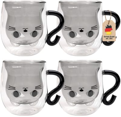 Intirilife 4x thermo glas dubbelwandig met kat design in zwart - 200ml inhoud - geïsoleerde glazen mok hittebestendig voor koude en warme dranken koffie kop thee kop drinkglas