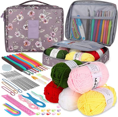 Volledige haakset voor beginners, set haaknaalden 0,6-6 mm, voor volwassenen, met doos met accessoires, haakcadeau voor moeder en grootmoeder (paarse bloem)