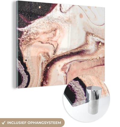 MuchoWow® Glasschilderij 40x30 cm - Schilderij acrylglas - Steen - Marmer - Edelsteen - Abstract - Natuur - Roze - Foto op glas - Schilderijen