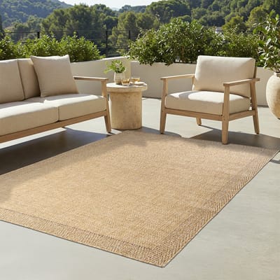 TAPISO Yucana Buitentapijt - Flatweave Vloerkleed Buiten & Binnen - Modern Gemêleerd Design met Frame - Weerbestendig & UV-bestendig - Creme Beige 80x150