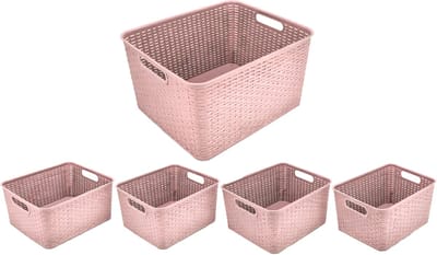 Opbergmanden 28.5L Kunststof Roze – Set van 5 Mandjes Riet Look – Opbergbox en Opbergdoos – Kast Organizer – Opbergmand Kinderkamer, Badkamer en Wasruimte – 40x34x23 cm