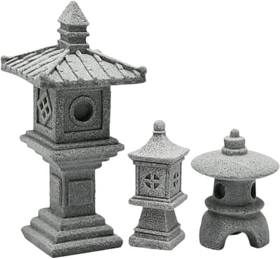 3x Minipagode Beeldjes voor Zen Tuin, Aquarium of Bonsai - Grijze Tuindecoratie