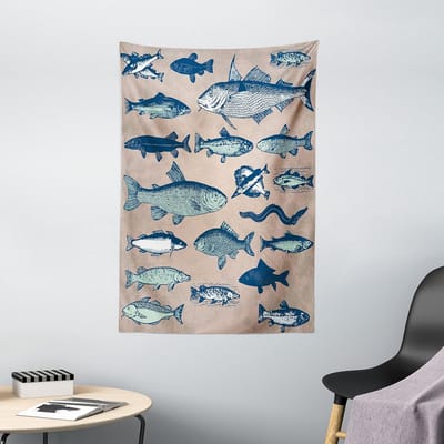 ABAKUHAUS Vistapijt, Vintage Seafood Strand, Woonkamer Slaapkamer Wanddoek Zijdezacht Satijn Wandtapijt, 100 x 150 cm, Beige Meerkleurig