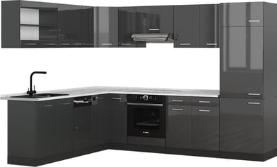 Vicco Hoekkeuken R-Line, Antraciet Hoogglans/Antraciet, 287 x 227 cm, WB Marmer