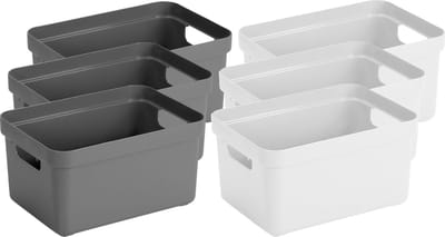 Sunware opbergboxen - manden - 6x stuks - 5 liter p/st - kunststof - 3x wit en 3x antraciet - 25 x 18 x 12 cm