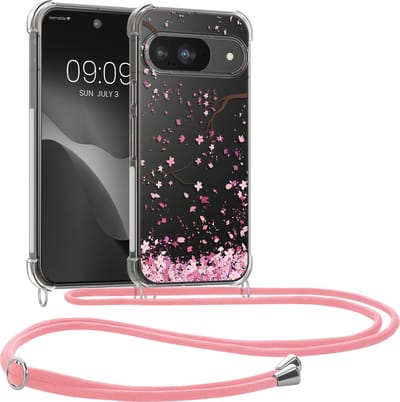 kwmobile telefoonhoesje geschikt voor Google Pixel 9 / Pixel 9 Pro - Hoesje met telefoonkoord - Back cover voor smartphone - Case in poederroze / donkerbruin / transparant