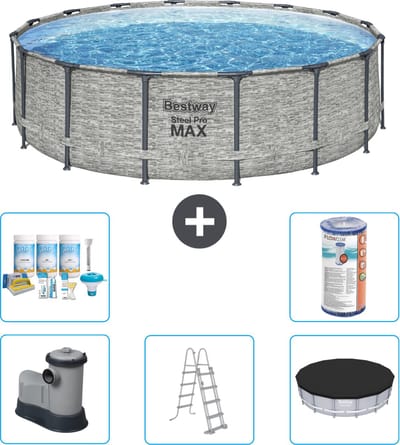 Bestway Rond Steel Pro MAX Zwembad - Steenprint - 488 x 122 cm - Inclusief Pomp - Ladder - Afdekzeil Onderhoudspakket - Filter