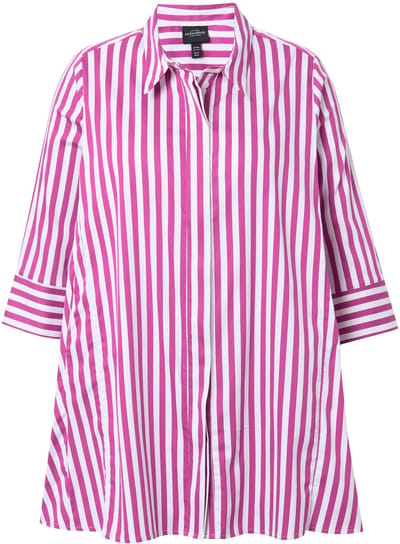 Ulla Popken - Dames - Blouse strepen godet-plooien overhemdkraag 3/4-mouwen - Magenta - Maat 50+