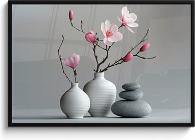 Poster in lijst - Fotolijst 120x80 cm - Posters - Magnolia - Bloemen - Roze - Zen stenen - Posterlijst zwart - Wanddecoratie badkamer - Muurdecoratie WC - Decoratieve accessoires - Toilet muur decoratie