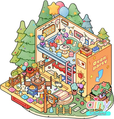 Ainy - Scene 3D Sticker Ovenparty | 1 Achtergrond 12*13cm met PET Stickers set | Kat & Vrienden miniatuur stickerboek | Creatief & Rustgevend vakantieboek | Stickervellen voor volwassenen en kinderen