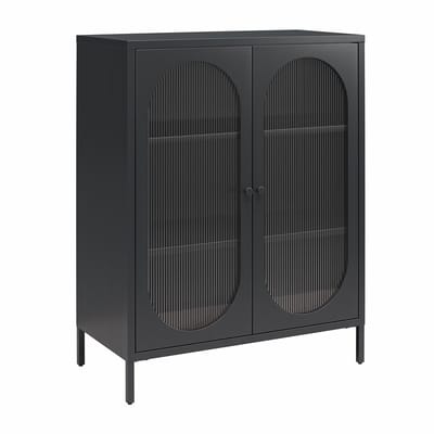 Luna - Kast Laag met 2 Glasdeuren in Metaal Zwart (102 x 80 x 40 cm)