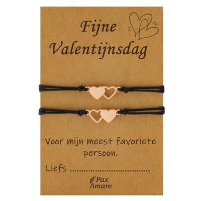 Koppel Armbandjes voor 2 "Fijne Valentijnsdag" - Hartjes - BFF Armbandjes met Cadeau Kaartje - Rosé Goud & Zwart - Elastisch Verstelbaar - Pax Amare