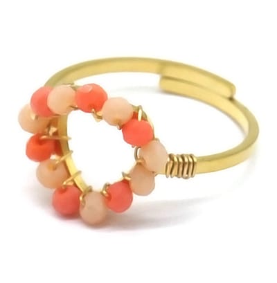 Ring met Glaskralen - RVS - One Size - Goudkleurig en Roze