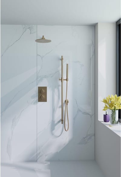 FugaFlow Eccelente Acces Inbouw Regendoucheset - thermostatisch - wandarm - glijstang - 25cm hoofddouche - staaf handdouche - gladde doucheslang - Geborsteld Messing PVD (Goud)