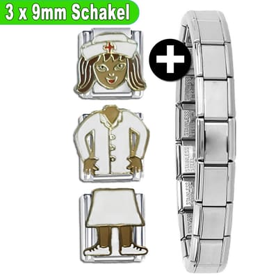 Schakel - Bedel - 9mm - Verpleegster - 3x 9mm schakels - Plus Armband - Geschikt voor Italiaanse Bedelarmband - Schakelarmband