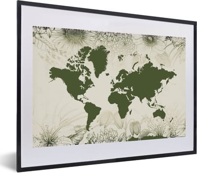 Poster in lijst - Fotolijst 60x40 cm - Posters - Wereldkaart - Bloemen - Groen - Posterlijst zwart - Decoratie - Wanddecoratie woonkamer - Muurdecoratie slaapkamer